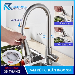 Vòi rửa chén bát nóng lạnh dây kéo rút cắm chậu chất liệu inox 304 nguyên khối mã QH-CF017 -Bảo hành 03 năm