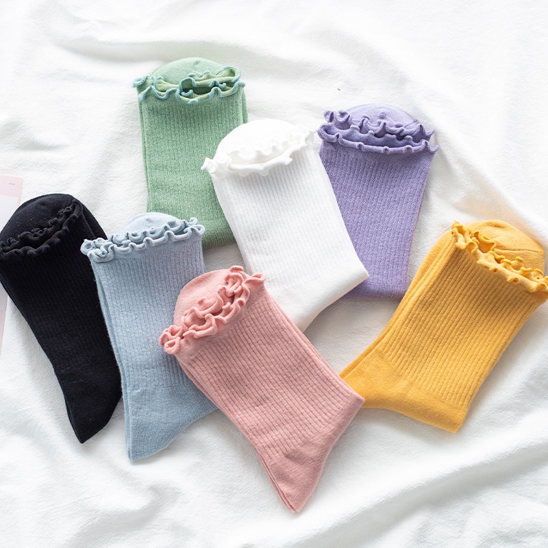 Tất cổ cao nữ bèo nhún cute, vớ bèo nhún nữ cổ cao màu trơn basic phong cách Vintage hàn quốc chống hôi chân TD30