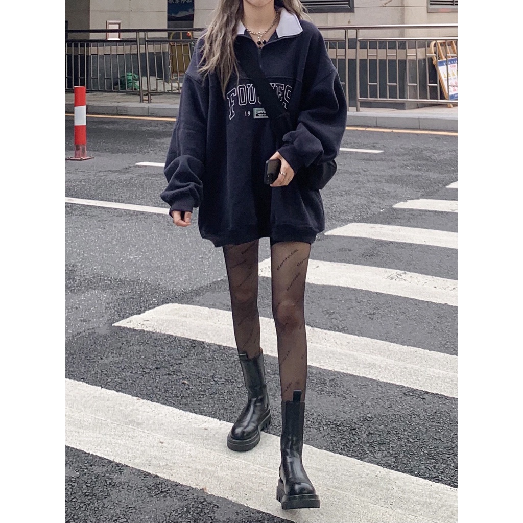 Áo sweater tay bồng khóa cổ FOURYES dáng rộng unisex/ Áo nỉ thu đông in họa tiết chữ trẻ trung năng động_Nano Ulzzang | BigBuy360 - bigbuy360.vn