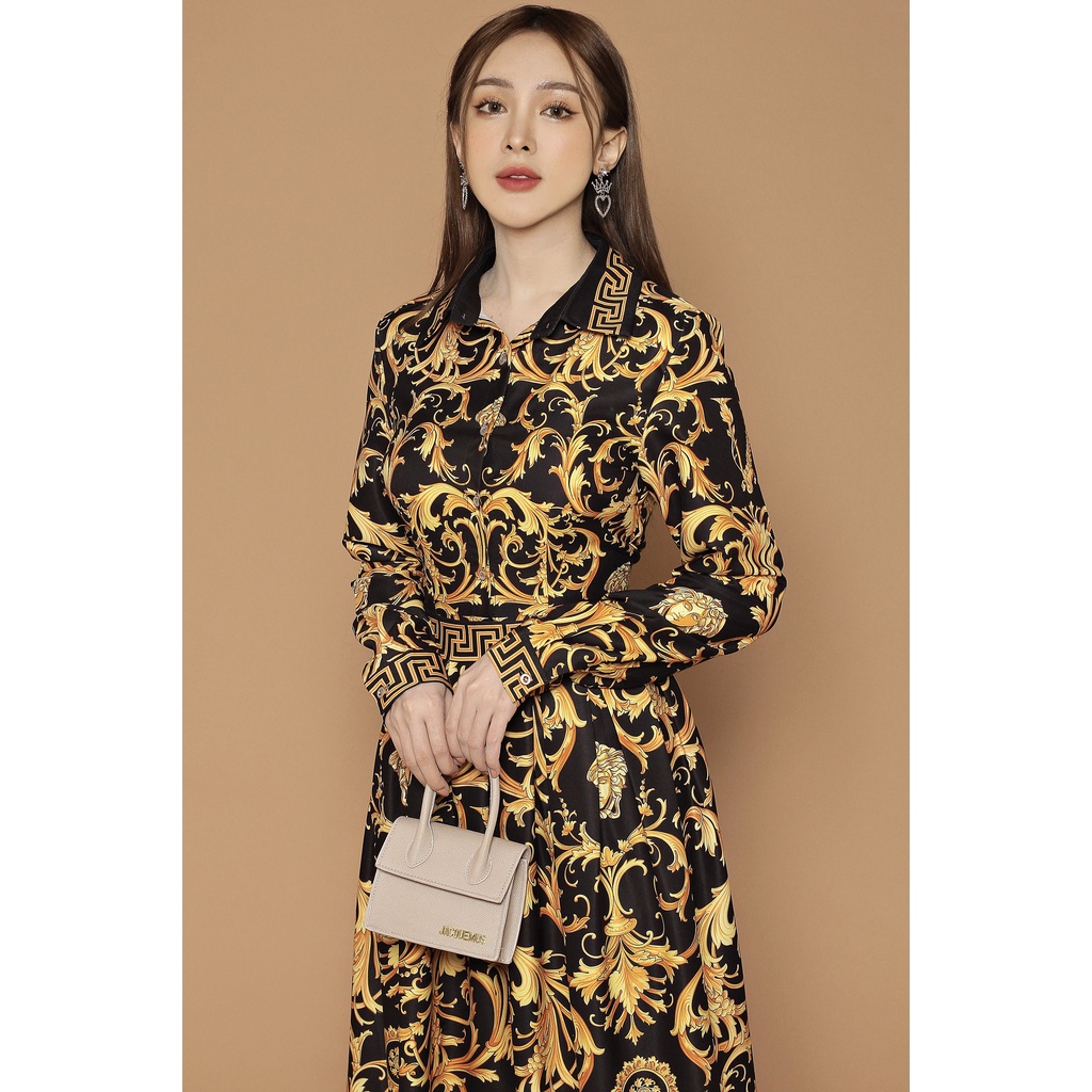 Đầm dự tiệc thiết kế họa tiết print Quảng Châu cao cấp váy lụa dài thương hiệu thời trang D&R D125