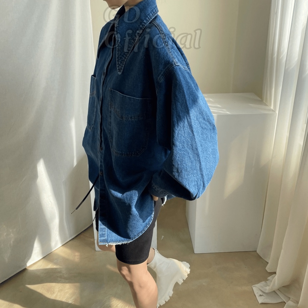 A24|Áo sơ mi denim Hàn quốc cho nữ retro cá tính hai túi lớn dáng rộng màu xanh GD Official