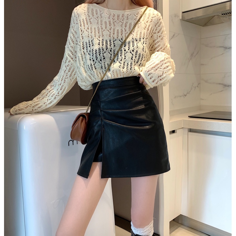 Porozi  váy Chân Váy Da Ngắn Lưng Cao Thiết Kế Lệch Tà Kiểu Hàn Quốc Cá Tính Cho Nữ