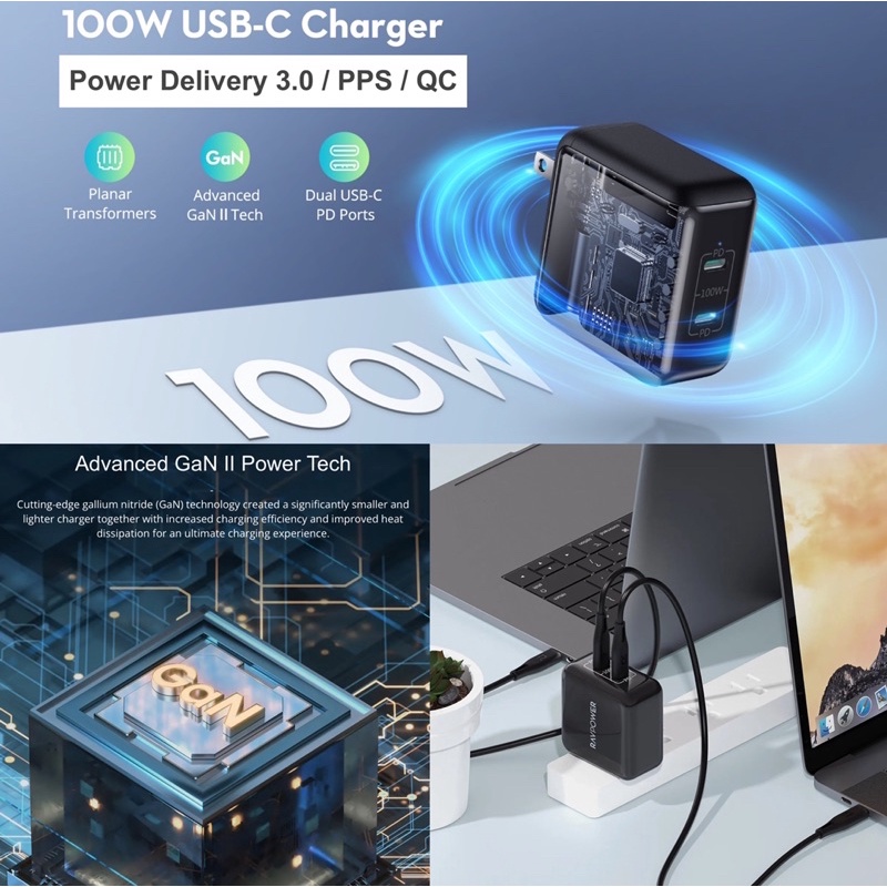 Củ sạc nhanh laptop táo PR0, lP13 Series, S21 Series, Note 20 Ultra 5G RAVPOWER RP-PC151 02 USB-C PD/PPS 100W GaN II