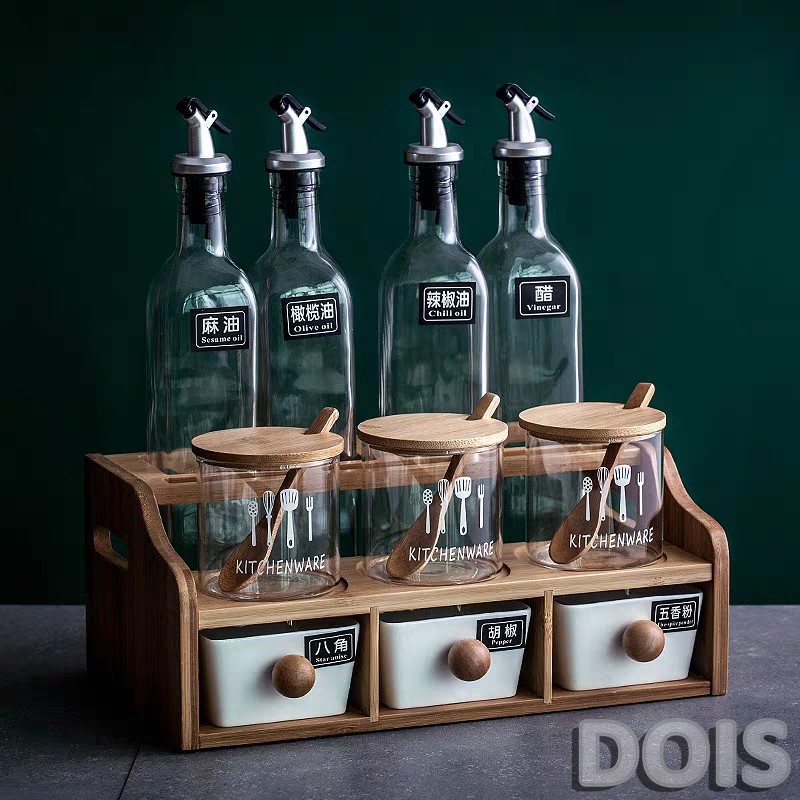 Full Bộ Kệ gỗ, Chai thủy tinh và Hũ đựng gia vị (mắm, muối, dầu ăn, mì chính....) cao cấp / DOIS | BigBuy360 - bigbuy360.vn