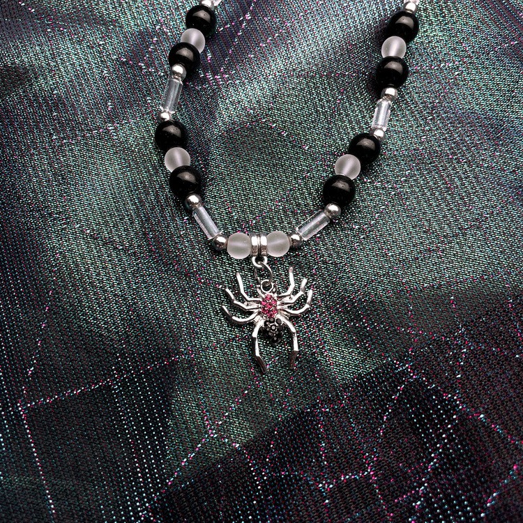 Vòng cổ Chuỗi Hạt Tròn Màu Đen Mặt Hình Nhện Đính Đá Thời Trang Trẻ Trung Cho Nam Nữ