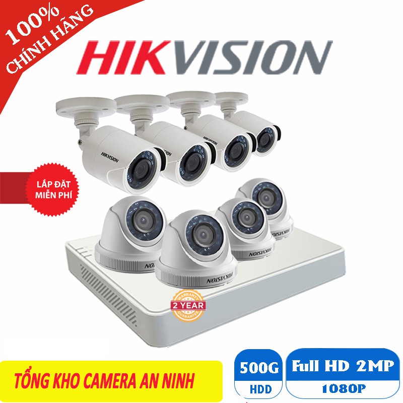 Trọn bộ 5 - 8 mắt camera Hikvision 2.0MP Tặng kèm ổ cứng 500GB cùng đầy đủ phụ kiện lắp đặt