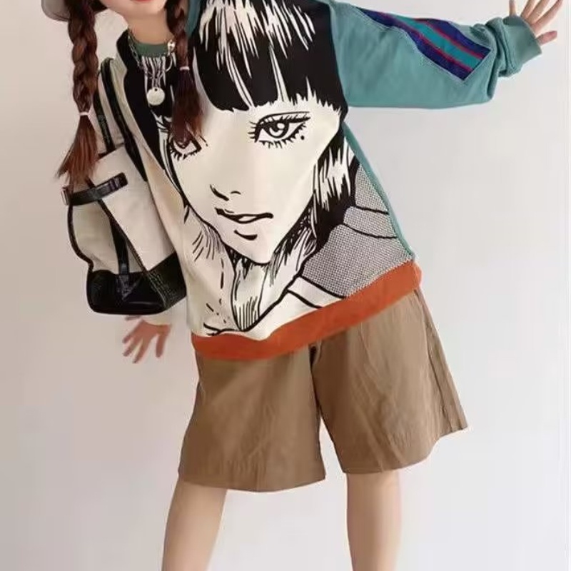 ♞AFF LIGA♞ Áo Sweater Cổ Tròn Tay Dài Dáng Rộng In Họa Tiết Hoạt Hình Màu Tương Phản Thời Trang Mùa Thu Cho Nam Và Nữ