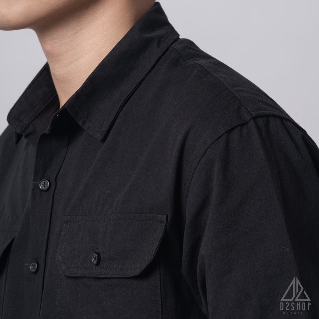 Áo sơ mi D2shop, áo sơ mi nam dài tay vải kaki túi hộp, màu đen
