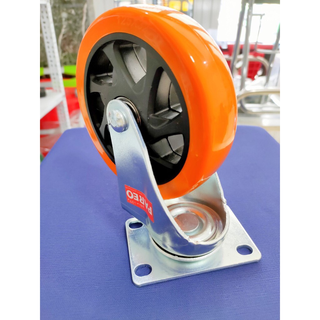 Bánh xe đẩy PU (Polyurethane) công nghệ cao, CÀNG XOAY 125mm (màu cam) - Happy Move (Thái Lan)