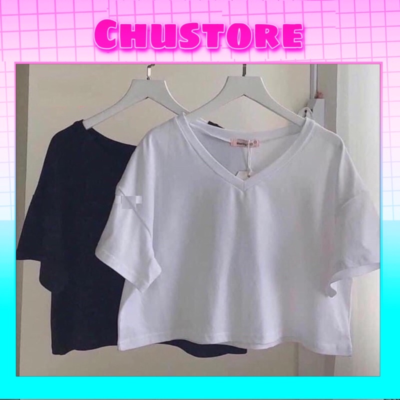 🌸 Thun cộc tay basic chữ V, phông trơn ngắn màu ĐEN | TRẮNG
