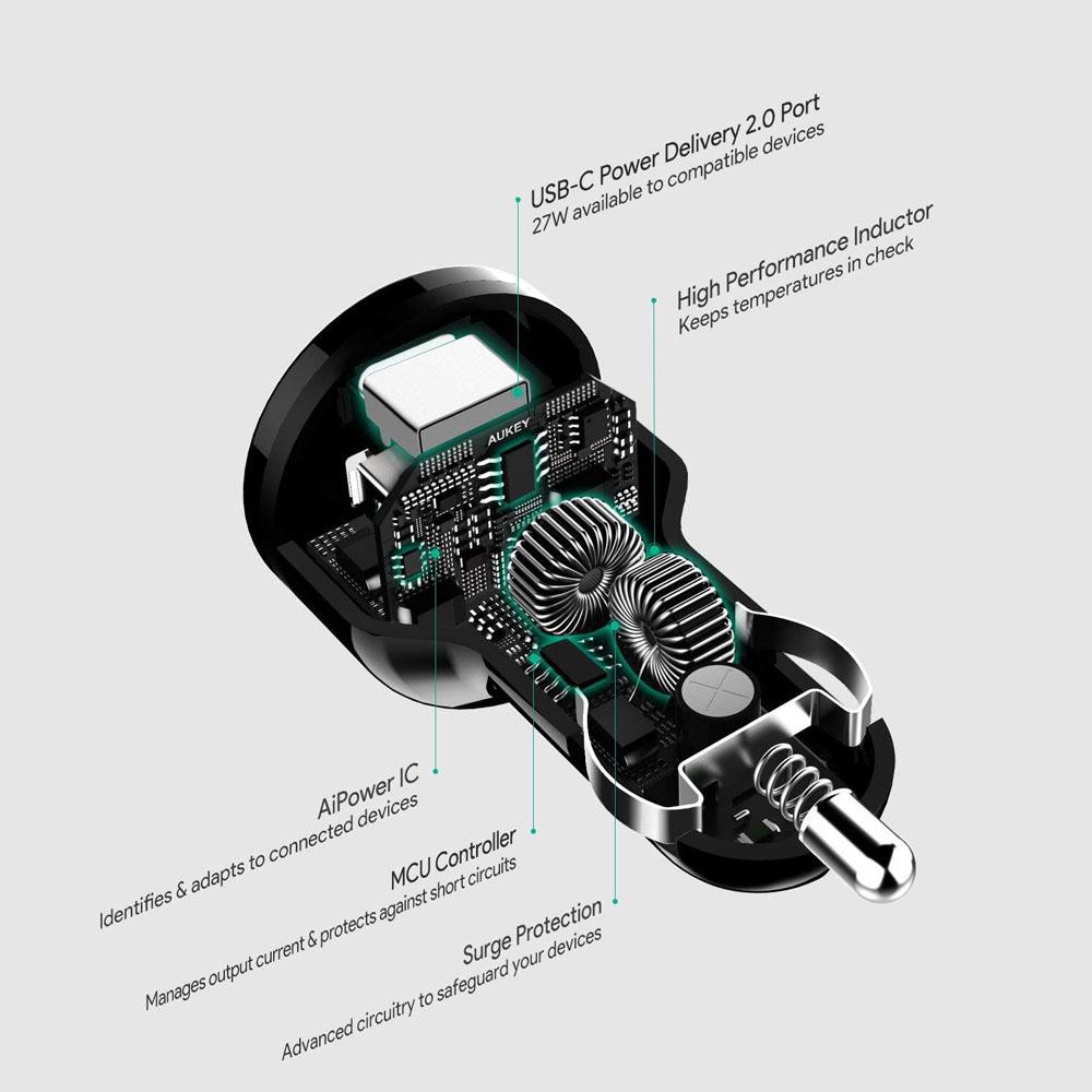 Sạc Ô Tô Aukey 39W 1 Cổng USB Aipower 1 Cổng USB Type C Power Delivery PD 2.0 CC-Y7