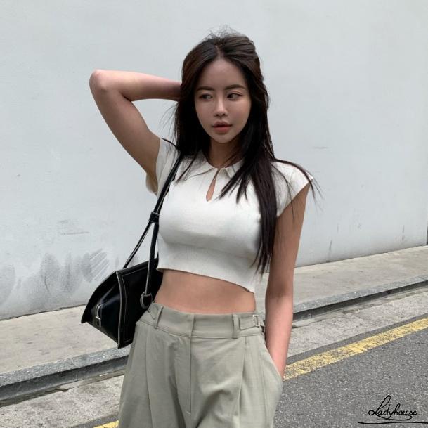 LD-Áo Croptop Dệt Kim Tay Ngắn Phong Cách Retro Hàn Quốc Thời Trang Mùa Hè 4 Màu Tùy Chọn Cho Nữ