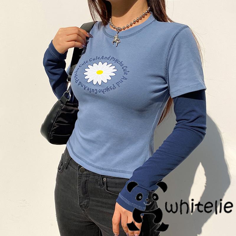 We-Women Casual Long Sleeve T-shirt, Blue Round Collar Letters and Floral Printed Pattern Tops