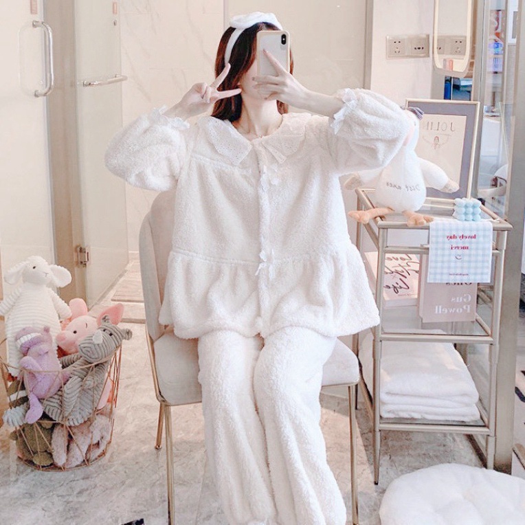 Bộ đồ mặc nhà thu đông nữ, bộ ngủ nữ lông phối viền màu trắng điệu đà chất đẹp, thoáng hút mồ hôi