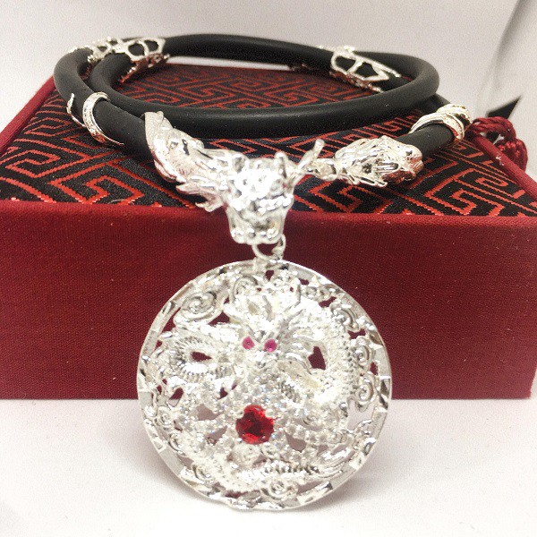 Dây chuyền cao su nam phong thủy Mặt Thiên Long Tròn Đỏ Bạc 925 Cao Cấp
