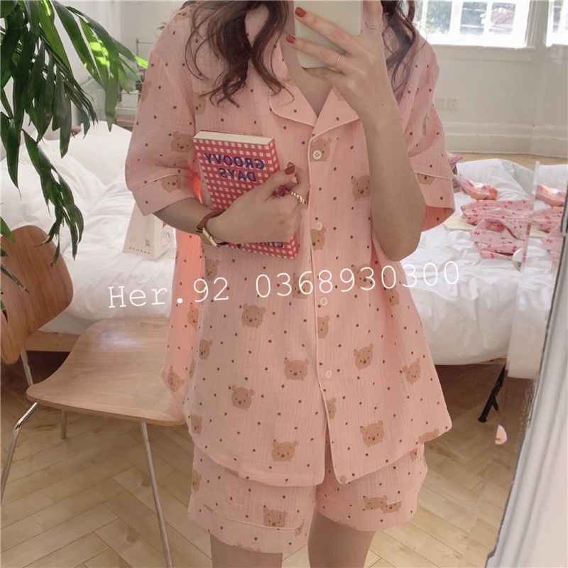 PIJAMA ĐŨI NỮ  - Bộ Cộc Quần Đùi Chất Đũi Thoáng Mát Màu Họa Tiết Gấu Pu, Đồ Mặc Nhà