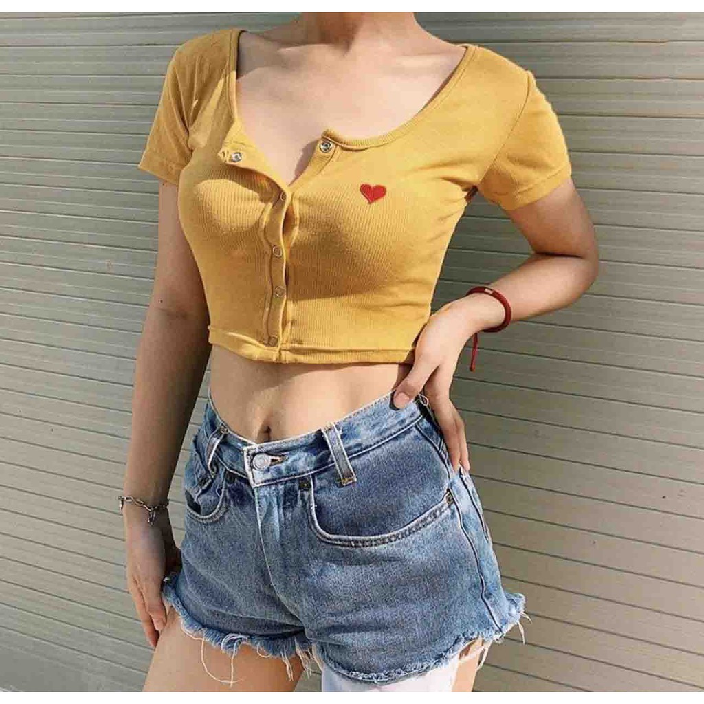 Áo croptop nút thêu trái tim xinh N12061