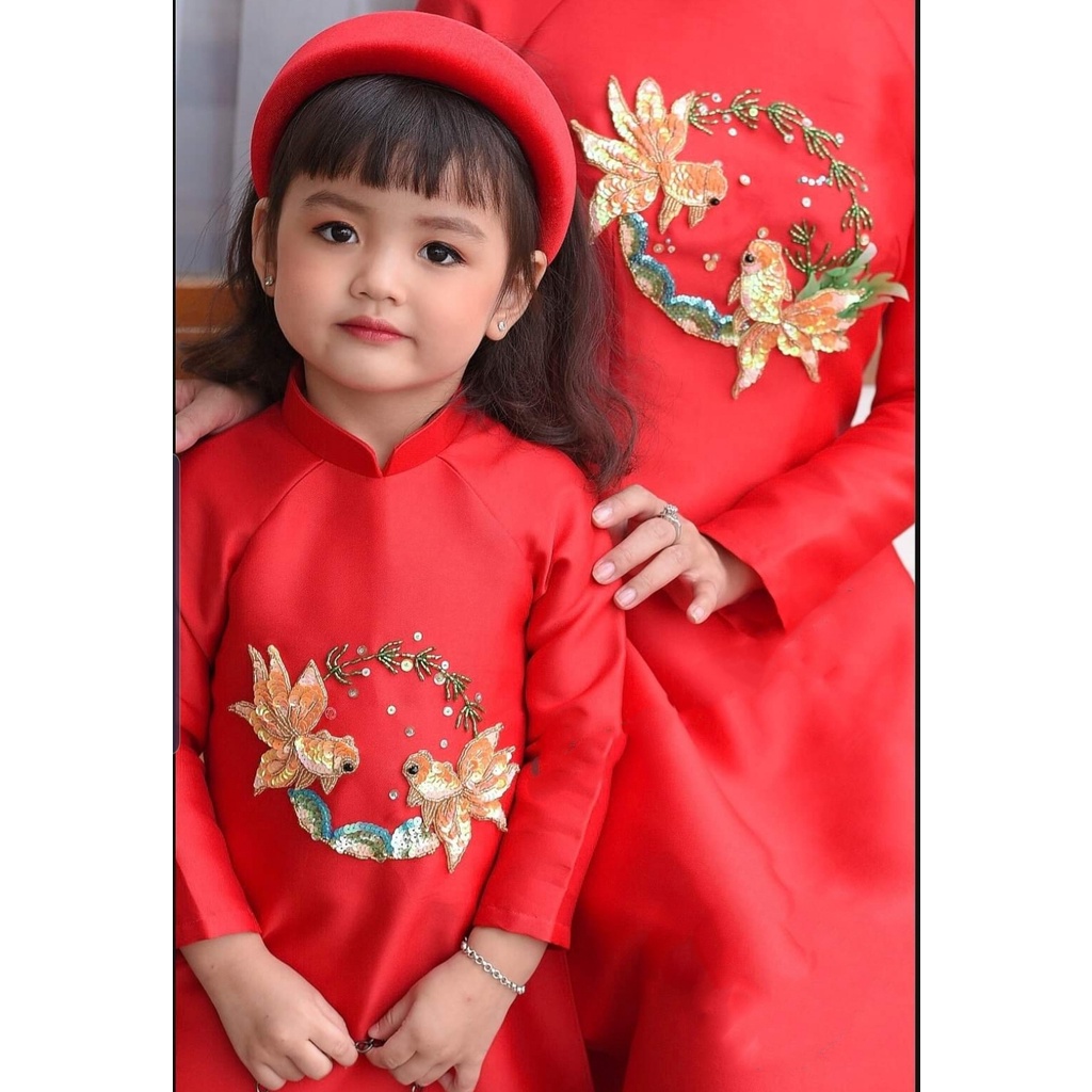 SET ÁO DÀI BÉ GẤM TAFTA KẾT THỦ CÔNG