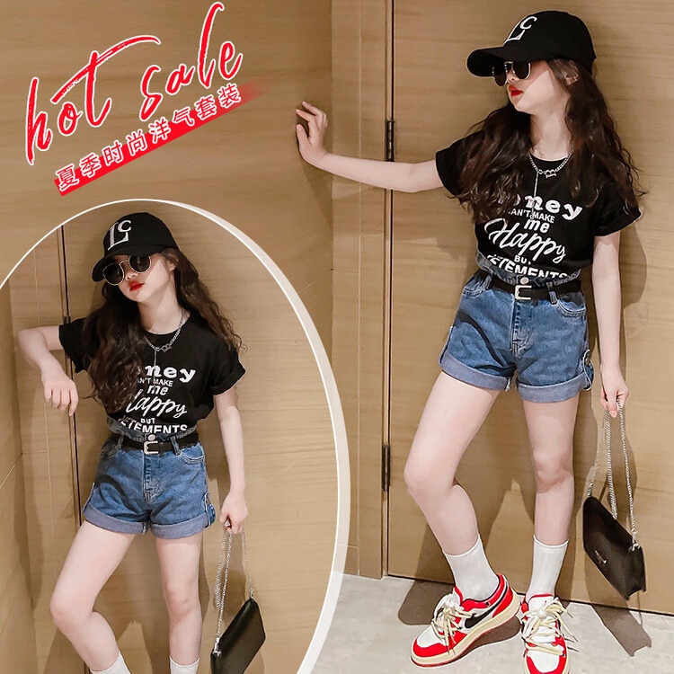 Bộ Trang Phục Hai Mảnh Áo Và Quần Short Denim Thời Trang Mùa Hè Kiểu Mới Dành Cho Bé Gái 170 Tuổi