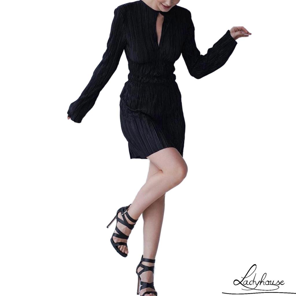 Đầm Mini Tay Dài Cổ Tròn Lưng Thun Màu Trơn / Xanh Lá / Đen Dành Cho Nữ