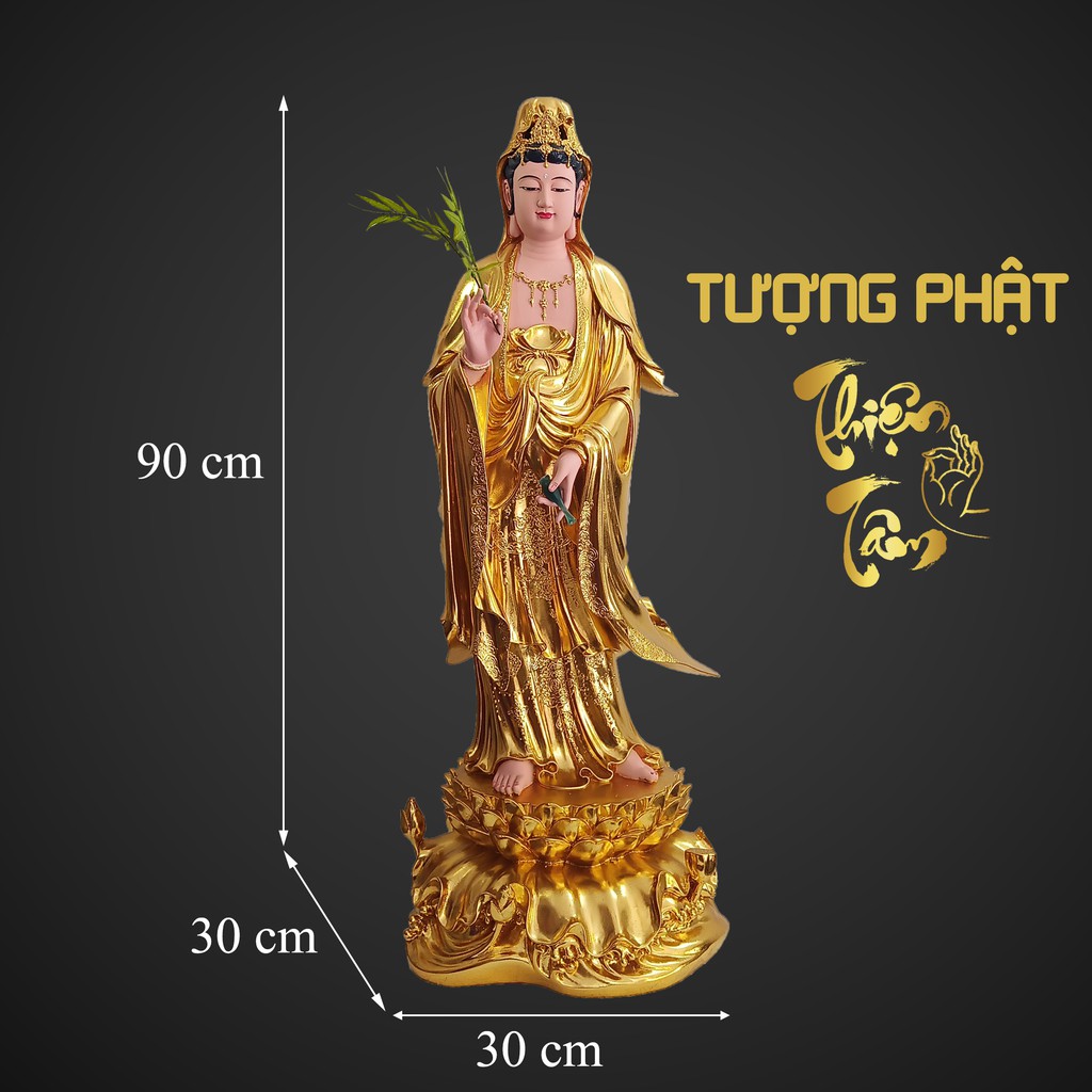 Tượng Quán Thế Âm Bồ Tát cao 90cm – Đứng – Giác Vàng (Mẫu Đài Loan) 009VD-QTA