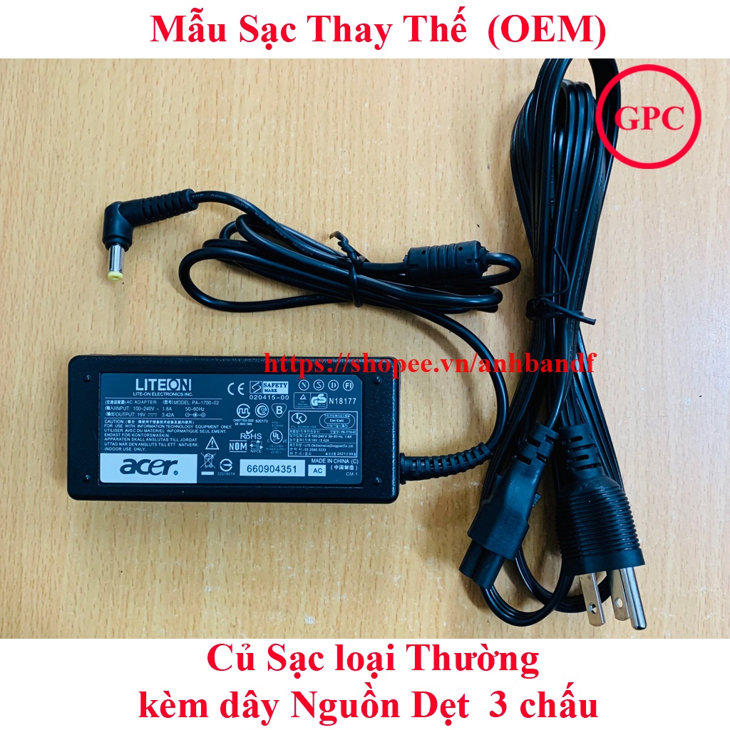 Sạc Laptop Acer 19V–3.42A – 65W (Adapter Acer 19V – 3.42A – 65W) Kèm dây nguồn