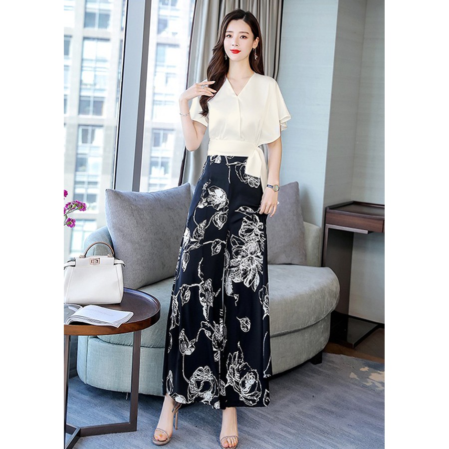 SET BỘ ÁO CÁNH DƠI CỘT NƠ EO QUẦN ỐNG RỘNG GIẢ VÁY