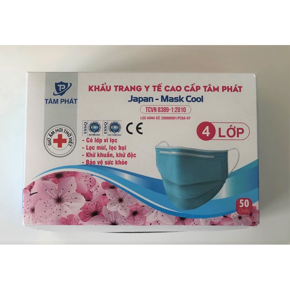 Khẩu trang y tế Cao Cấp 4 lớp (Tâm Phát) ⭐Dày dặn, Kháng khuẩn 95%, Chống bụi ⭐Hộp 50 cái