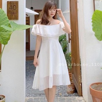 ĐẦM TRẮNG TRỄ VAI BÈO BỒNG BỀNH 2 TẦNG, VÁY TRẮNG KÝ YẾU, PROM, DỰ TIỆC CƯỚI