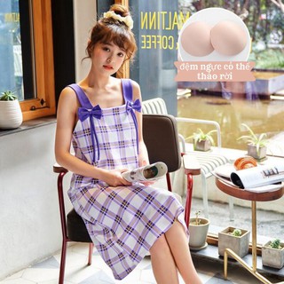 Váy tiểu thư sọc caro 2 dây cột nơ nhẹ nhàng dễ thương nữ tính mặc ngủ mặc nhà dạo phố