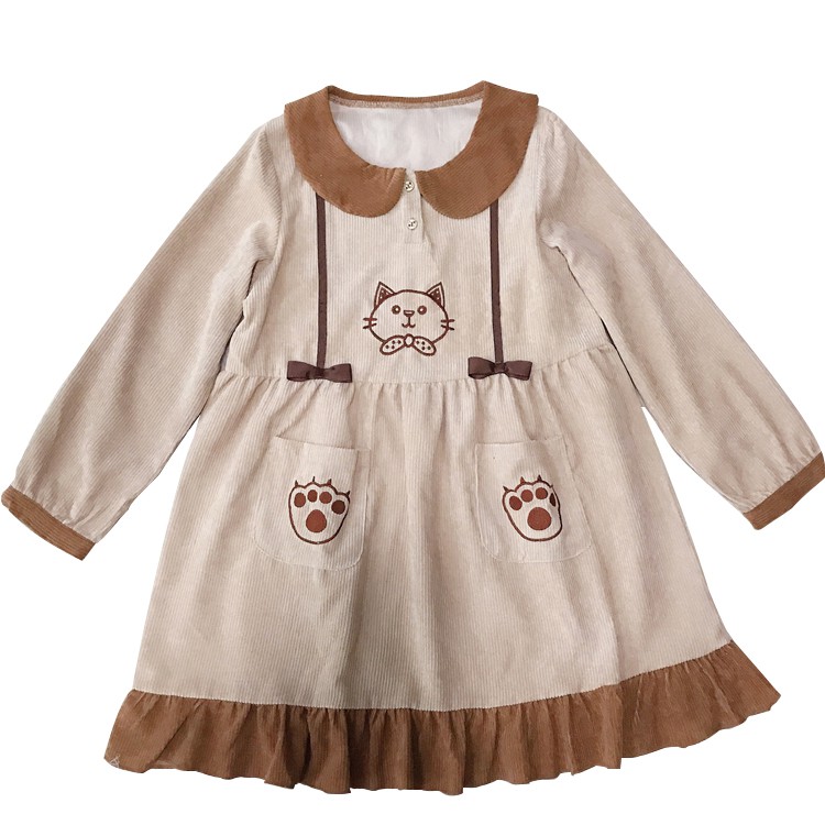 [SẴN NÂU L]Đầm baby doll lolita dễ thương tay dài cố áo búp bê có nơ túi áo thêu mèo ulzzang ( 2 màu )