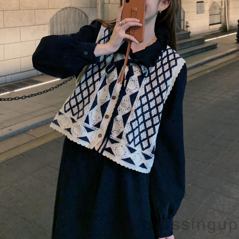 Áo dệt kim không tay cổ chữ V họa tiết hình thoi màu đen / mơ / lam kiểu xuân thu cho nữ