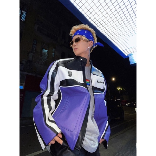 ÁO KHOÁC DA PHONG CÁCH MOTORBIKE TÍM PHỐI TRẮNG ĐEN