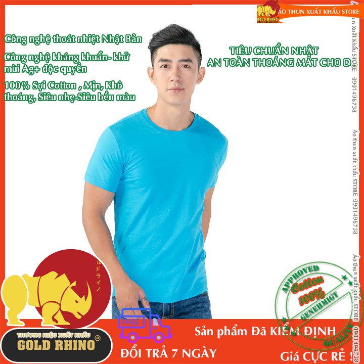 áo thun Nam cao cấp hiệu GOLD RHINO màu xanh da trời cổ tròn 100% cotton thoáng mát kháng khuẩn