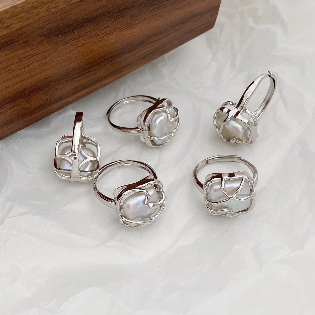 Nhẫn Hở Đính Ngọc Trai Hình Vuông Sang Trọng Phong Cách Hàn Quốc Cổ Điển