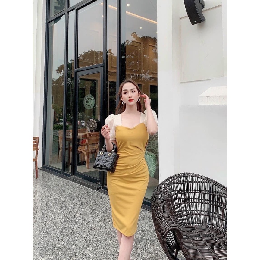 Đầm body thiết kế sang trọng tay bồng đen đỏ vàng dành cho chị em đi làm viêc nơi công sở,đi dự tiệc tự tin