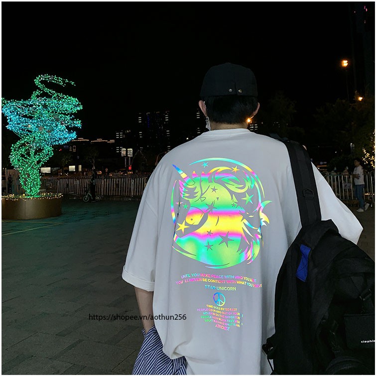Áo thun nam nữ unisex phản quang Đa Sắc Ngựa Hoang Unicor tay lỡ oversize áo phông rộng basic streetwear
