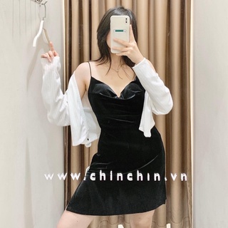 Set đầm hai dây nhung kèm khoác