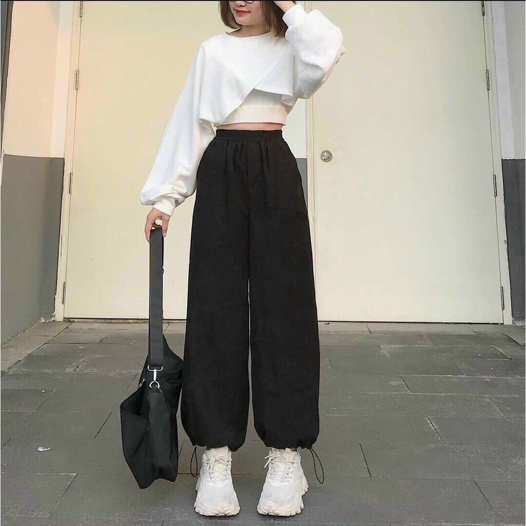 Set quần áo nữ 3 món croptop chéo mix quần jogger ống rộng rút dây/ Áo thun dài tay dáng ngắn kèm quần suông ulzzang