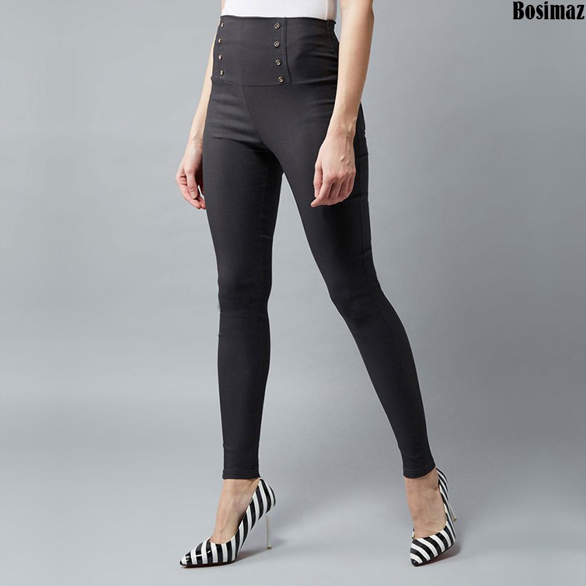 Quần Legging Nữ Bosimaz MS271 dài túi sau màu đen có 8 khuy phía trước, thun co giãn 4 chiều, vải đẹp dày, thoáng mát.