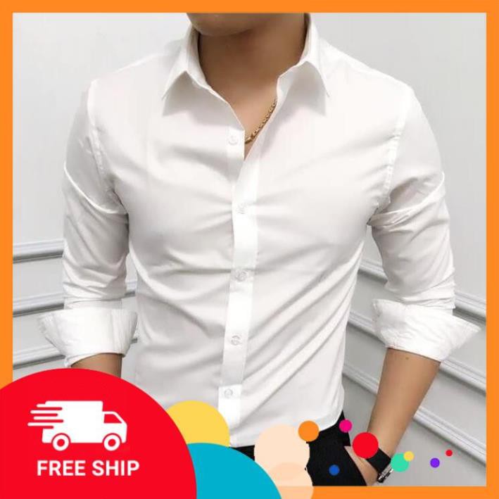 (FREE SHIP) Áo sơ mi nam dài tay Hàn Quốc dáng ôm sơ mi nam trắng cổ bẻ vải lụa thái chống nhăn chống xù