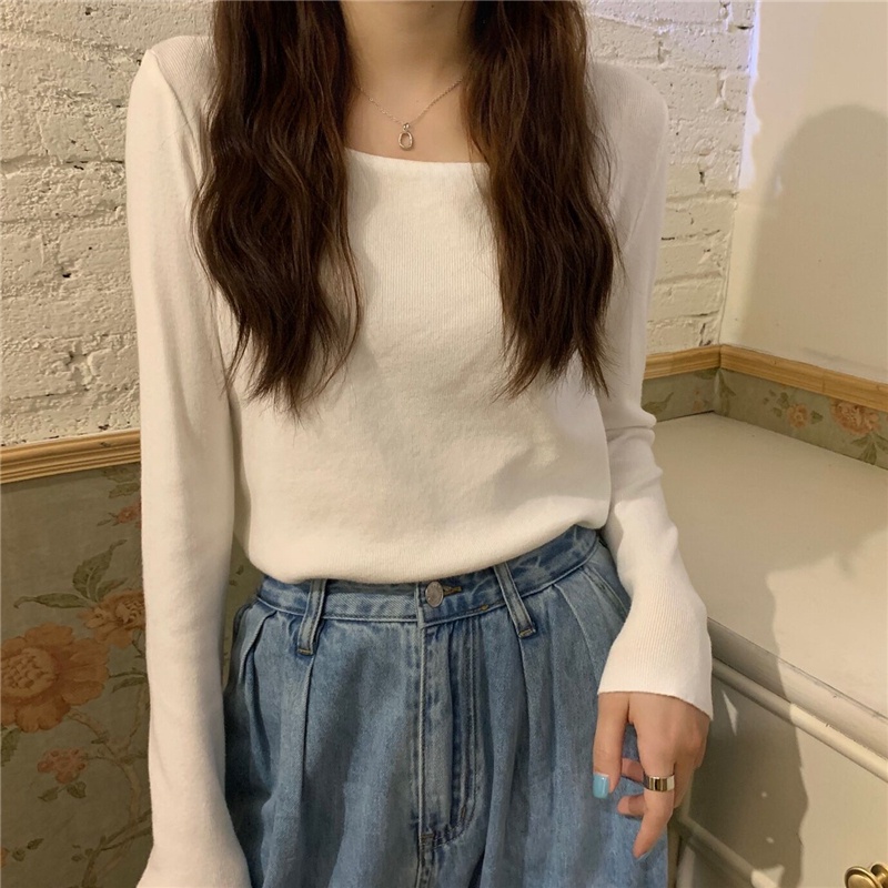 NZN Áo thun dệt kim cổ vuông màu trơn thời trang cho nữ