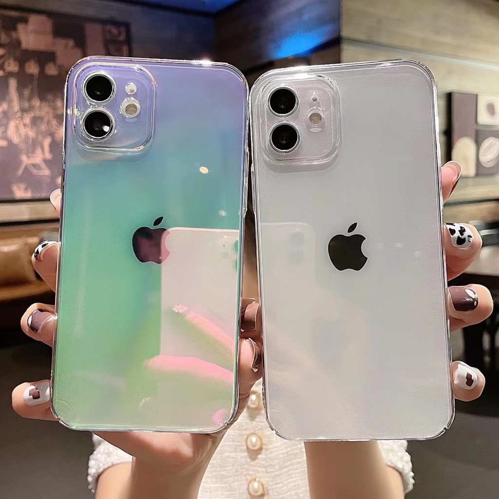 Hình vuông sang trọng Bóng Mạ điện trong suốt laze cầu vồng mềm cứng Vỏ điện thoại iPhone 7 8 Plus X XS XR XsMax 12 11 11PRO 11PRO MAX Gradient trong suốt Vỏ acrylic