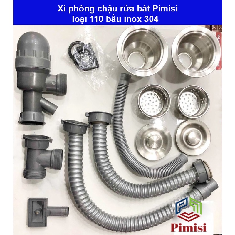 Bộ xi phông chậu rửa bát 2 hố phi 110 inox 304 Pimisi xả nước chậu rửa chén 2 hộc - có đầu thoát tràn | Hàng chính hãng