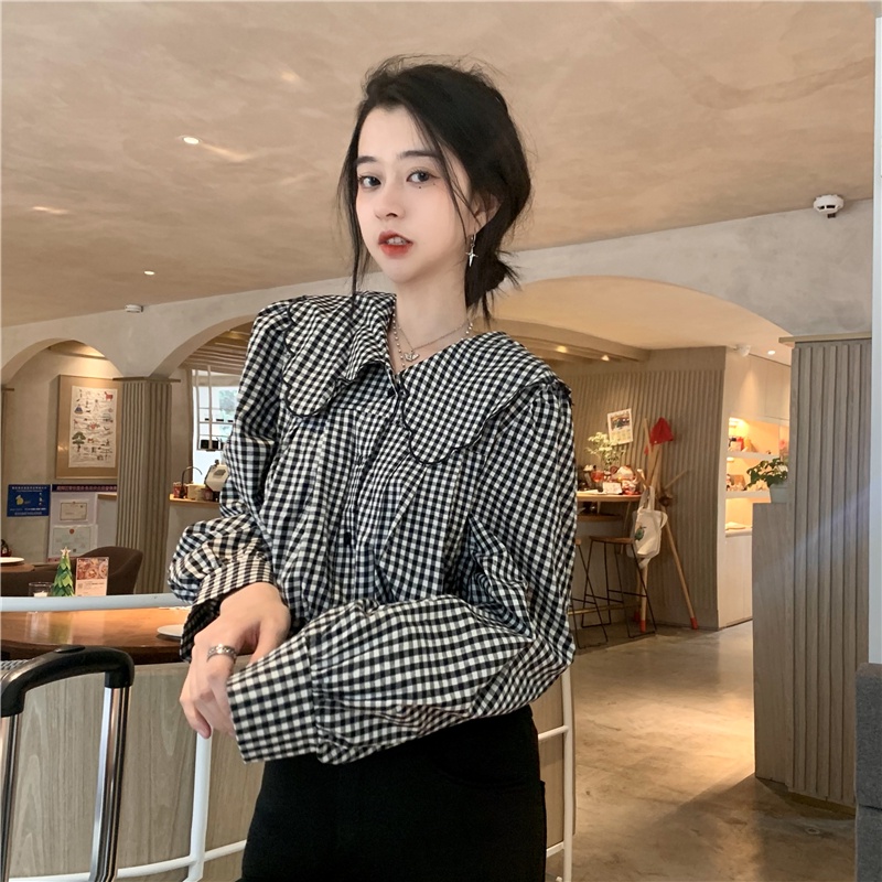 Áo sơ mi tay dài cổ búp bê họa tiết kẻ sọc phong cách retro đáng yêu cho nữ