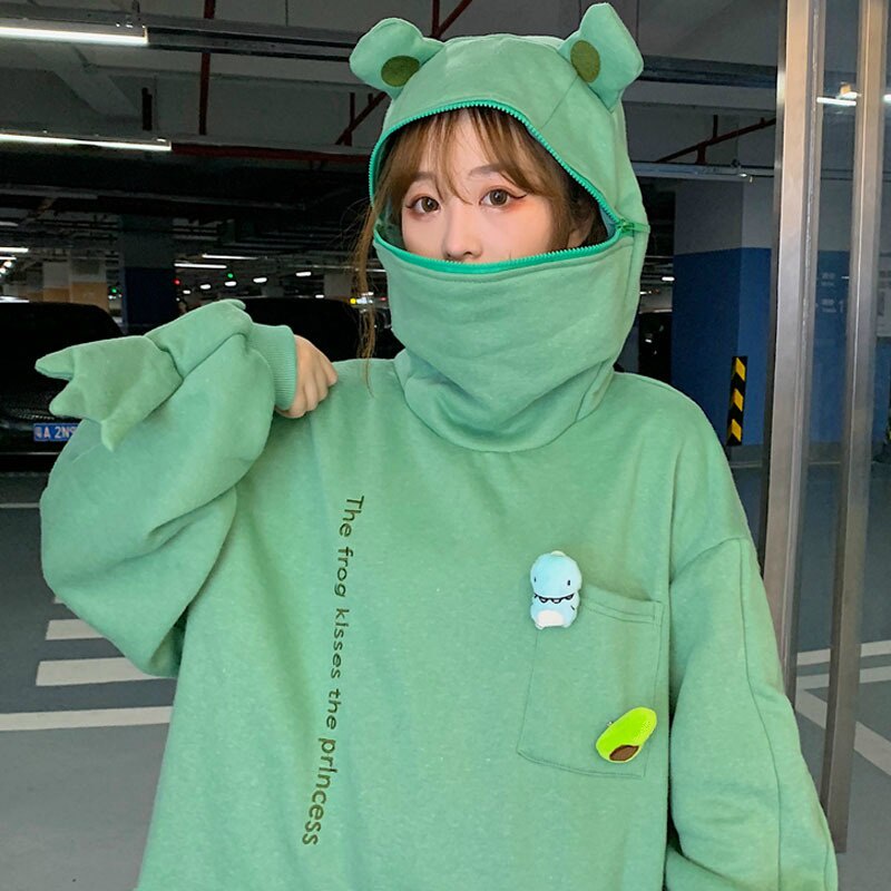 Áo khoác hoodie dáng rộng kiểu hình ếch dễ thương phong cách harajuku thời trang cho nam nữ