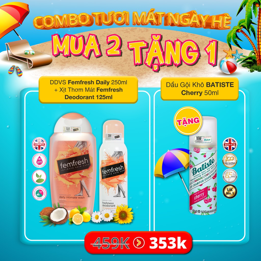 [COMBO TƯƠI MÁT NGÀY HÈ] Mua 2 dung dịch vệ sinh chăm sóc vùng kín Femfresh TẶNG ngay 1 Dầu gội khô Batiste 50ml