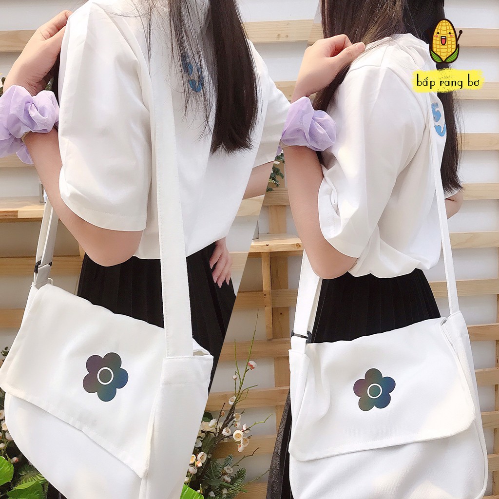 TÚI TOTE ĐEO CHÉO PHẢN QUANG BÔNG HOA UNISEX NAM NỮ [CÓ TÚI CON] - VẢI CANVAS MÀU TRẮNG - ĐEN - PHONG CÁCH ULZZANG