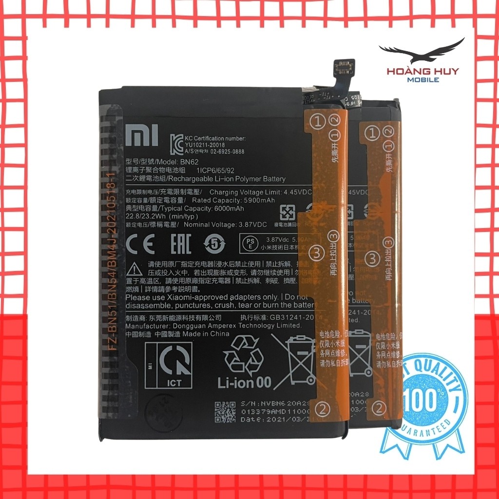 Pin BN62 Xiaomi Redmi Note 9 4G Dung Lượng 6000mAh Hàng Zin Nhập Khẩu Bảo Hành 6 Tháng 1 Đổi 1