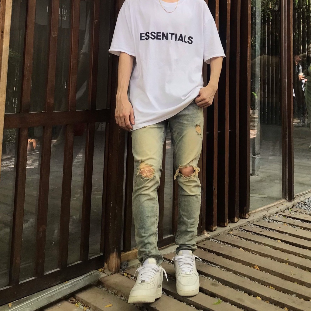 Quần jean nam cao cấp streetwear KQ29 màu xanh wash vàng rách gối form slimfit chất jean co giãn, thoải mái.